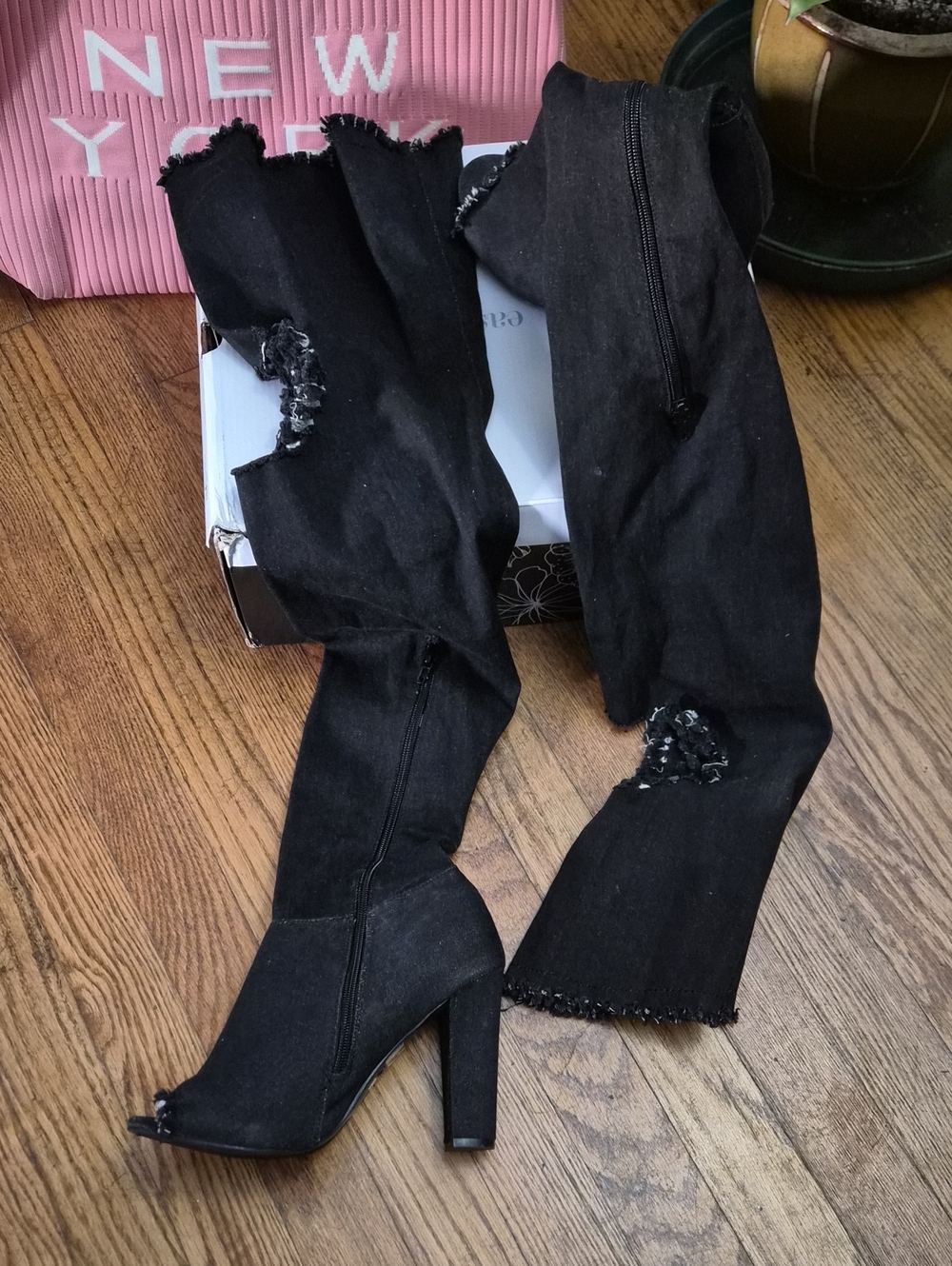 Black Demin Over-the-Knee Peep-Toe Heeled Boots. Worn Once